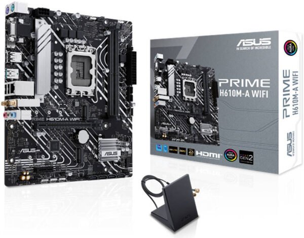 ASUS Prime H610M-A Wi-Fi Micro-ATX LGA 1700 Motherboard, Intel H610 Chipset, 2x DIMM DDR5 Slots, 96GB Max Memory.